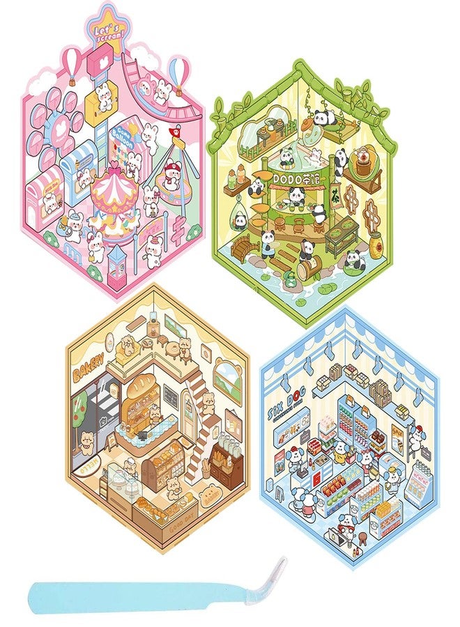 Aeenioy 4 Sets with 3D Stickers for Kids, Cute Kawaii Sticker Set, DIY 3D House and Animals Stickers, Sticker for Kids Activity, Aesthetic Wall Sticker,Tweezer, Green, Pink, Blue, Yellow - Image 1